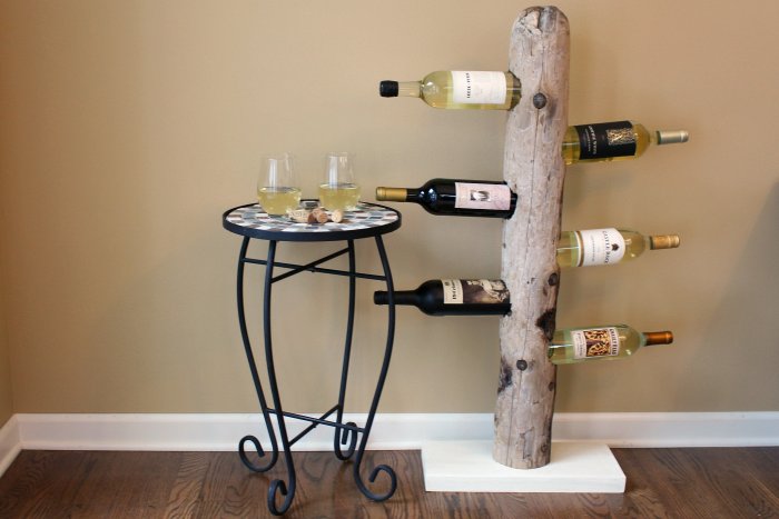 DIY wood wine rack with wine bottles